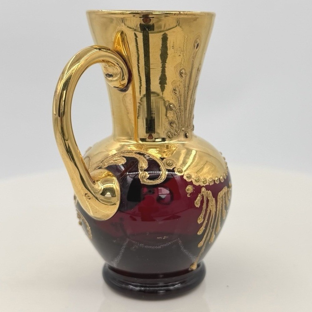 Vintage Murano Tre Fuochi Ruby Red Gold Miniature Pitcher Hand Painted 4" - Picture 6 of 11